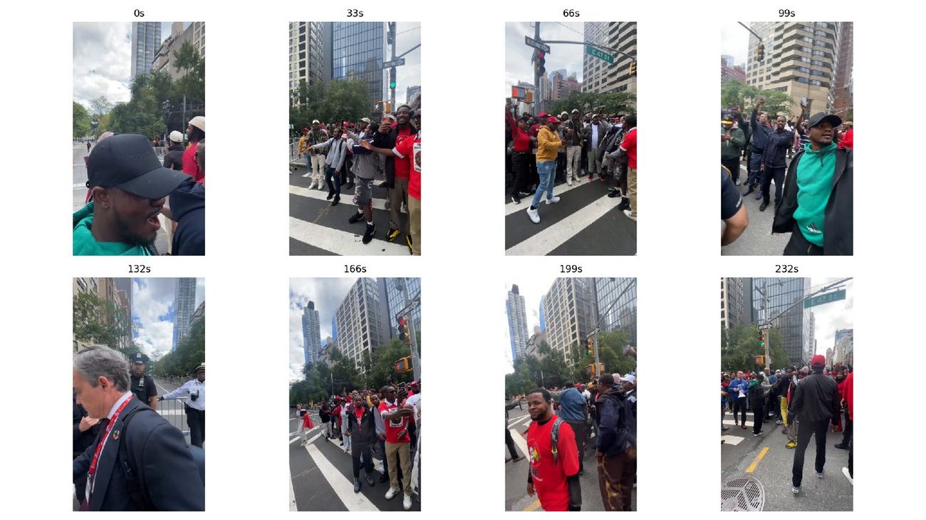 Video contact sheet showing the Guinea mobilization sequence narrowing into crowd compression