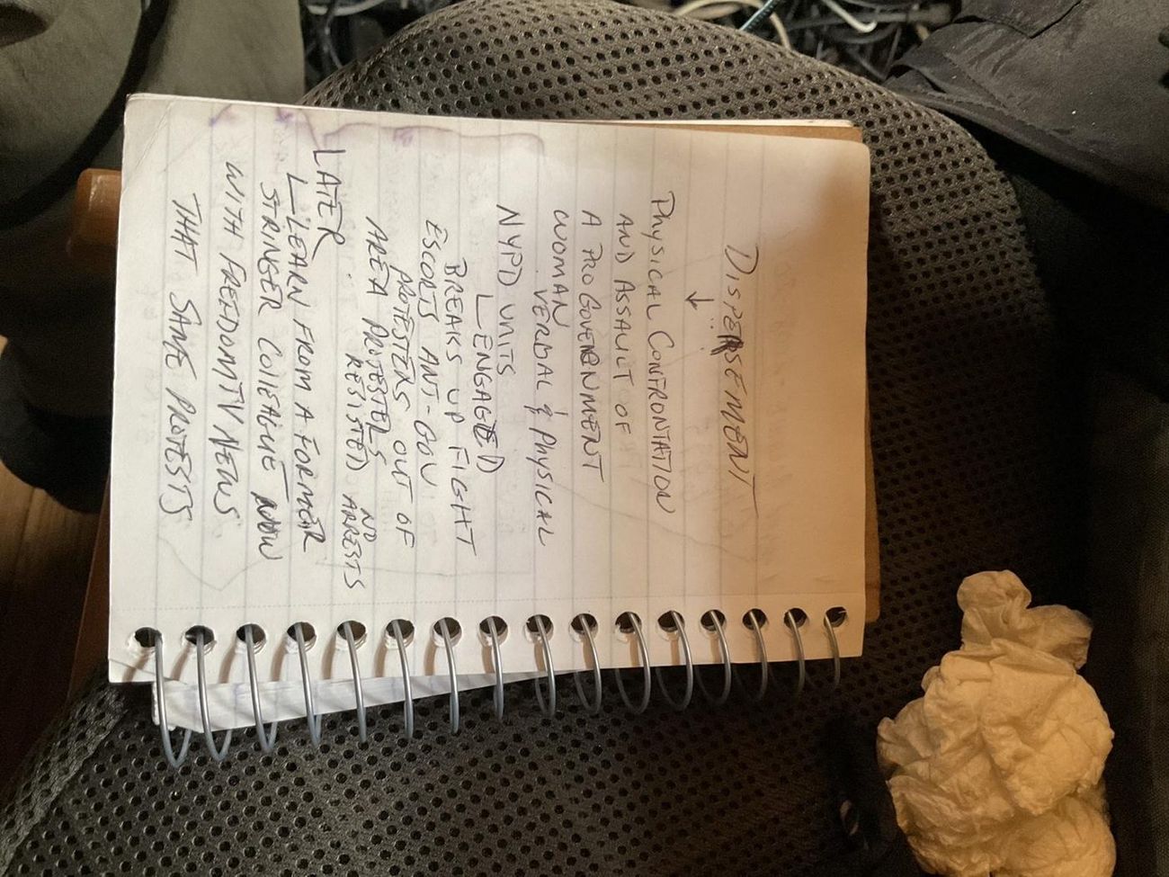Handwritten field note recording the dispersal-phase physical confrontation, NYPD intervention, and re-formation near the Waldorf Astoria