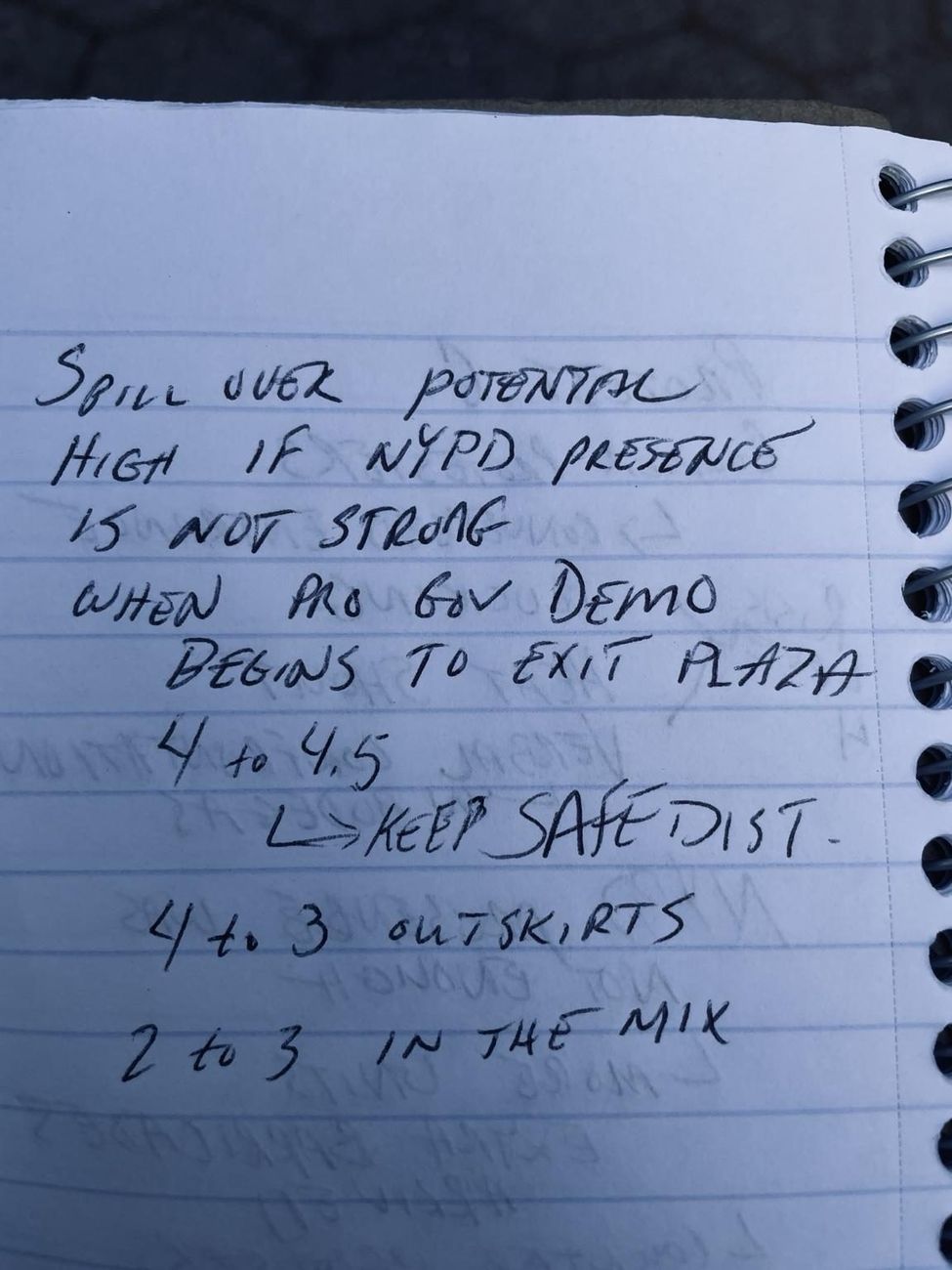 Handwritten field note recording spillover potential and a field-assessed risk level of 4 to 4.5